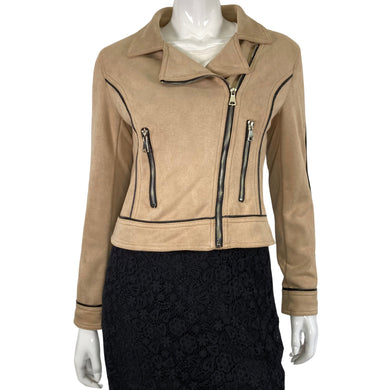 Laundry by Shelli Segal Stylish Suede Beige Jacket front view featuring zipper and unique seams