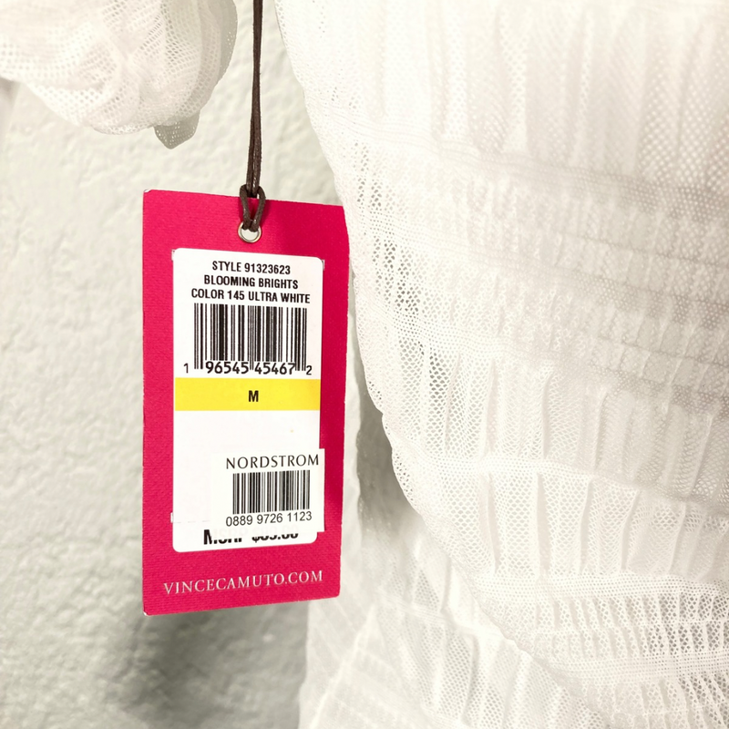 Load image into Gallery viewer, White poplin shirred-waist Kate Spade blouse close up of price tag - brand new item
