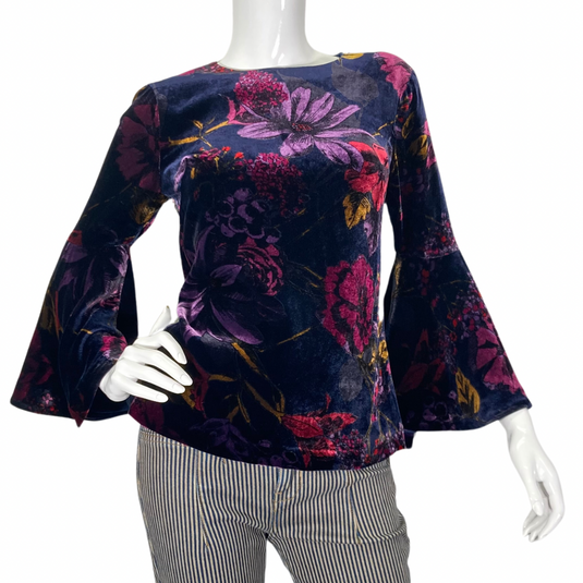 Vibrant floral, luxurious Trina Turk Velvet Top with Bell Sleeves front view