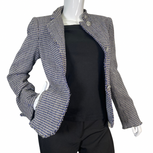 classic causal Armani Collezioni Tweed Blue and White Blazer front view, buttons opened