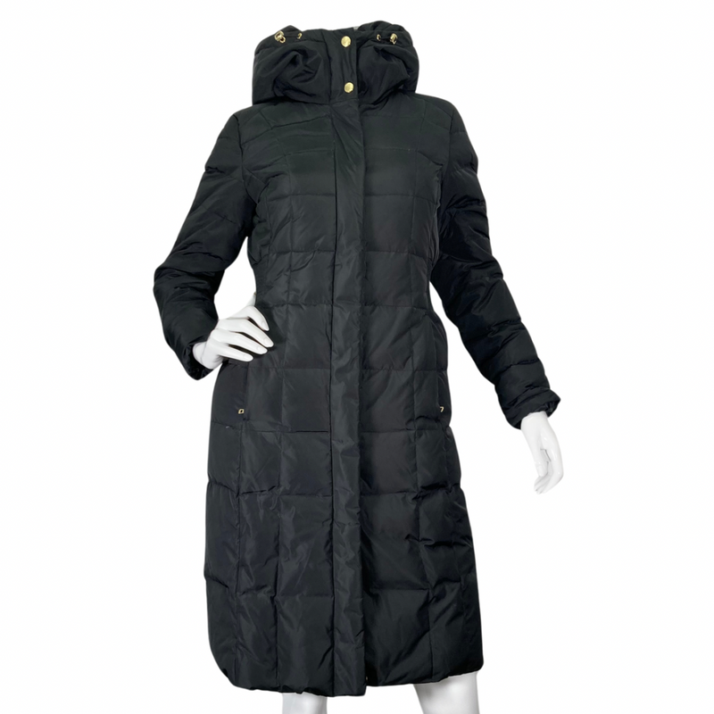 Load image into Gallery viewer, Luxurious and stylish Cole Haan Long Black Down Coat, front view zipper closed
