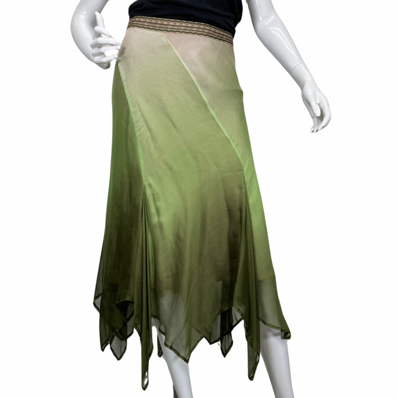 Load image into Gallery viewer, Laundry Shades of Green Silk Skirt with a flowing, asymmetrical style front view
