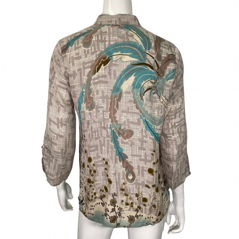 Load image into Gallery viewer, Citron Blue Feathers Silk Shirt on mannequin back view
