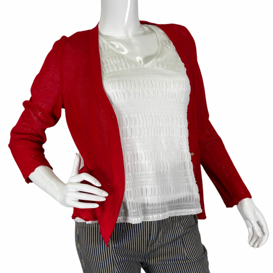 St. John Sports Open-Knit Pattern Red Cardigan front view gold buttons opened