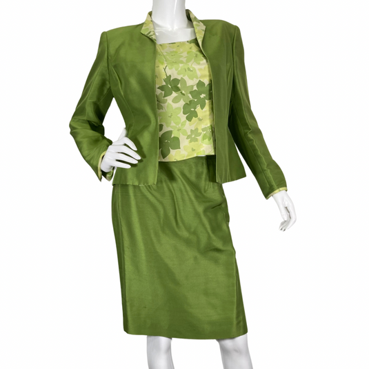 preloved Kasper Floral bright Green Skirt, Top, and Blazer Suit Set, full set - front view