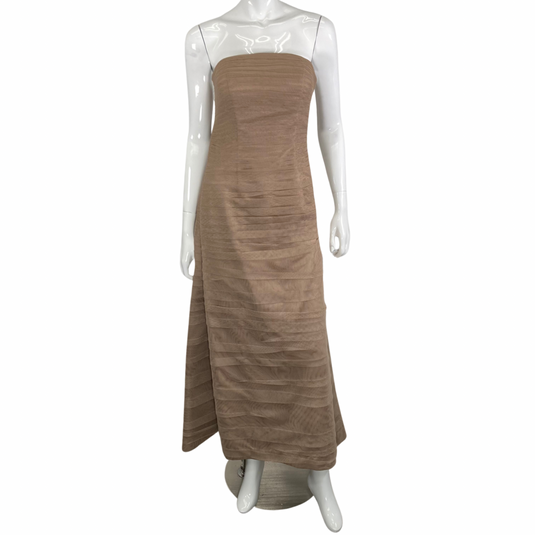 Bill Levkov Layered Strapless Beige Gown front view