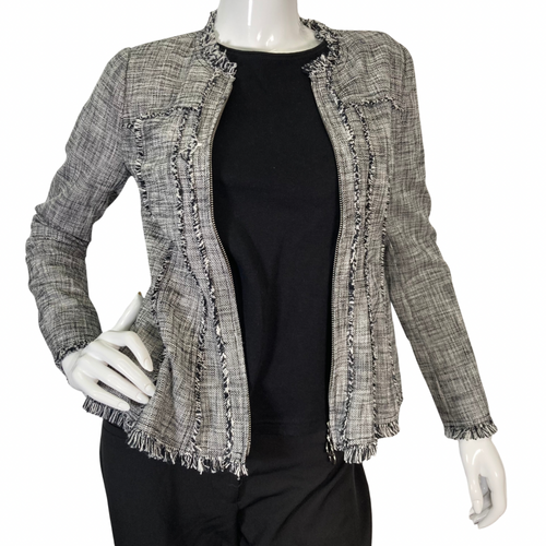 Rebecca Taylor Tweed Zipper Blazer features a textured plaid, front view - unzipped