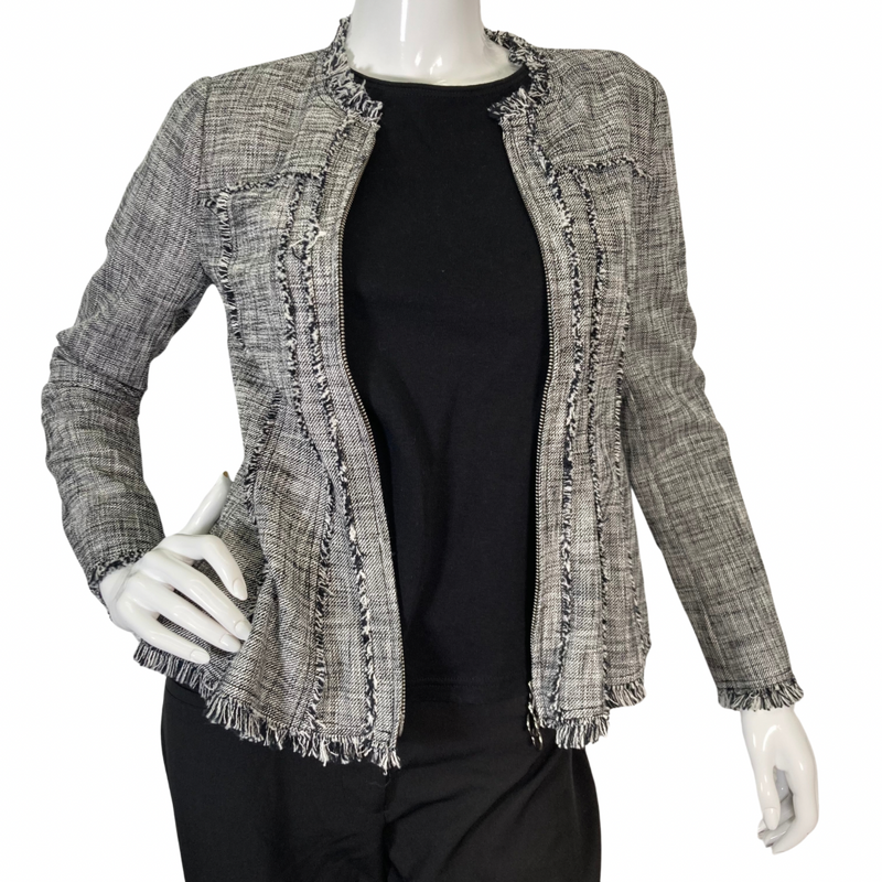 Load image into Gallery viewer, Rebecca Taylor Tweed Zipper Blazer features a textured plaid, front view - unzipped
