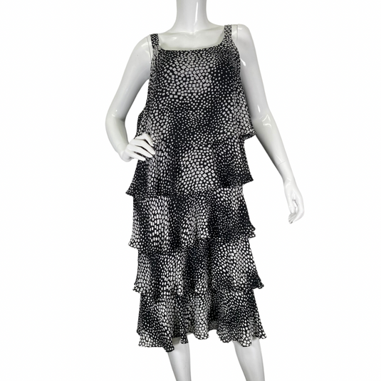 S.L. Fashions charming and playful black and white ruffle dress front view