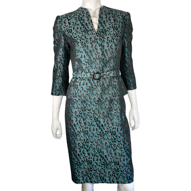 Tahari Modern Leopard Pattern Suit Set blue with a waist belt front view