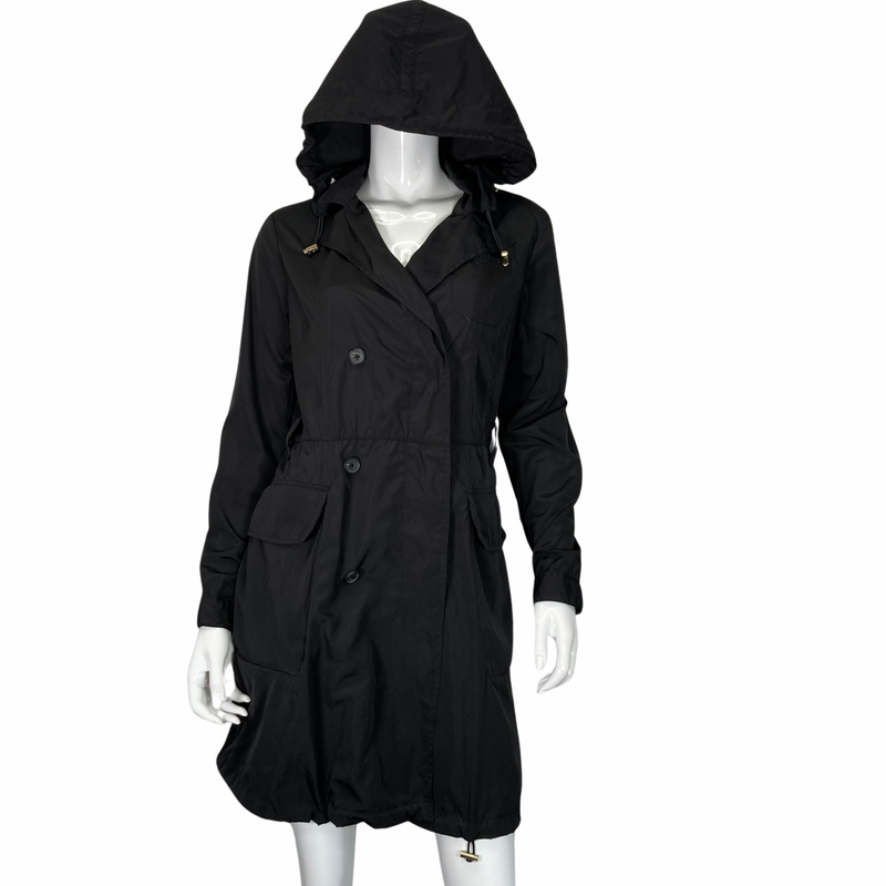 Load image into Gallery viewer, Henri Bendel Black Sleek Trench Raincoat with a hood
