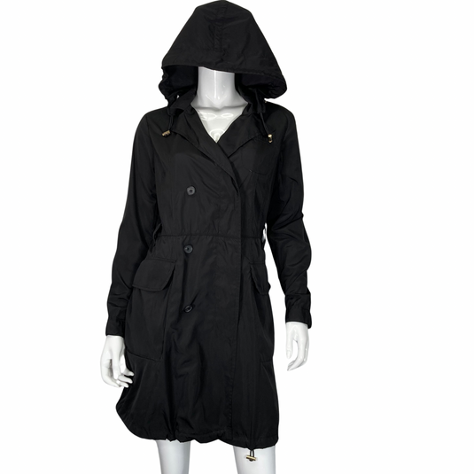 Henri Bendel Black Sleek Trench Raincoat with a hood