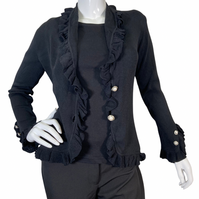 Stylish BCBG Maxazria Black Cardigan with Fur hood, front view opened buttons