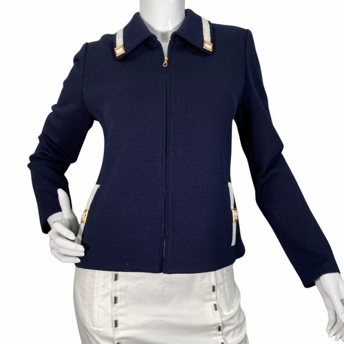  sleek Knitted St. John Collection Zip-up Navy Jacket front view