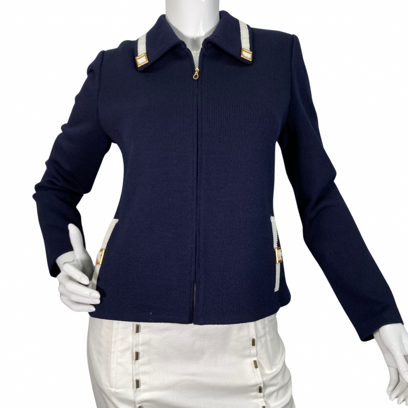 Load image into Gallery viewer,  sleek Knitted St. John Collection Zip-up Navy Jacket front view
