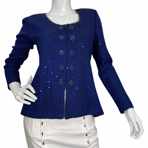 St. John Navy Blue Evening Shimmery Jacket crafted in a striking blue textured fabric - front view featuring shimmery effect and unique buttons