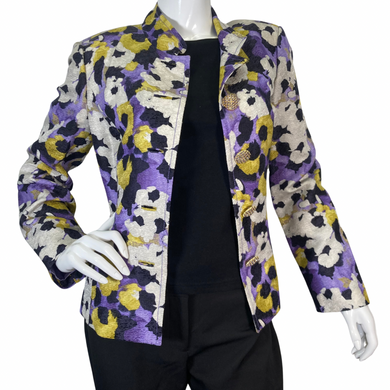 preloved St. John Vibrant Floral-Patterned Jacket features a vibrant a blend of bold mix of purple, yellow, black, and cream hues - front view opened buttons