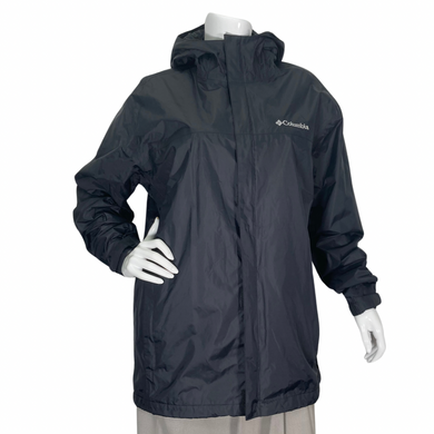 Lightweight Columbia Black Rain Jacket raincoat with a hood, front view