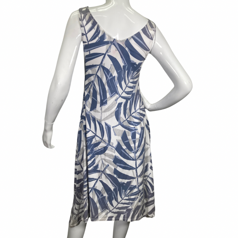 Load image into Gallery viewer, Fresh Produce Blue Botanical Dress features a relaxed silhouette with a handkerchief hemline for a flowy, flattering fit - backside view
