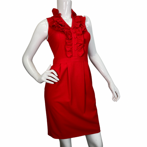 Marc New York Red Dress with Ruffle Neck is a stunning red sleeveless dress with a flattering fitted silhouette. It features a high neckline with a ruffled trim down the front - front view