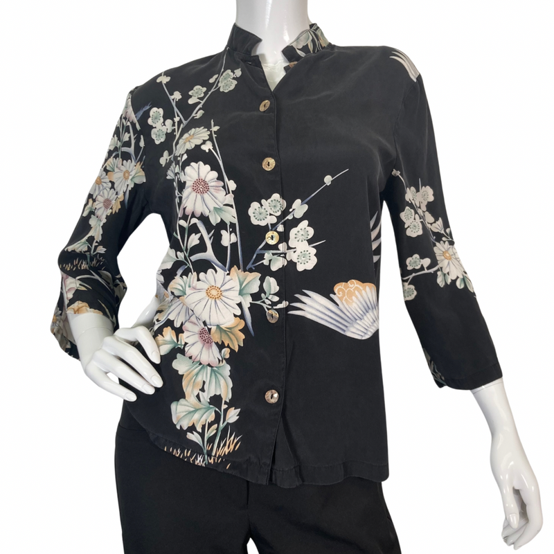 Load image into Gallery viewer, Citron Elegant Black Blouse with White Florals and Swan
