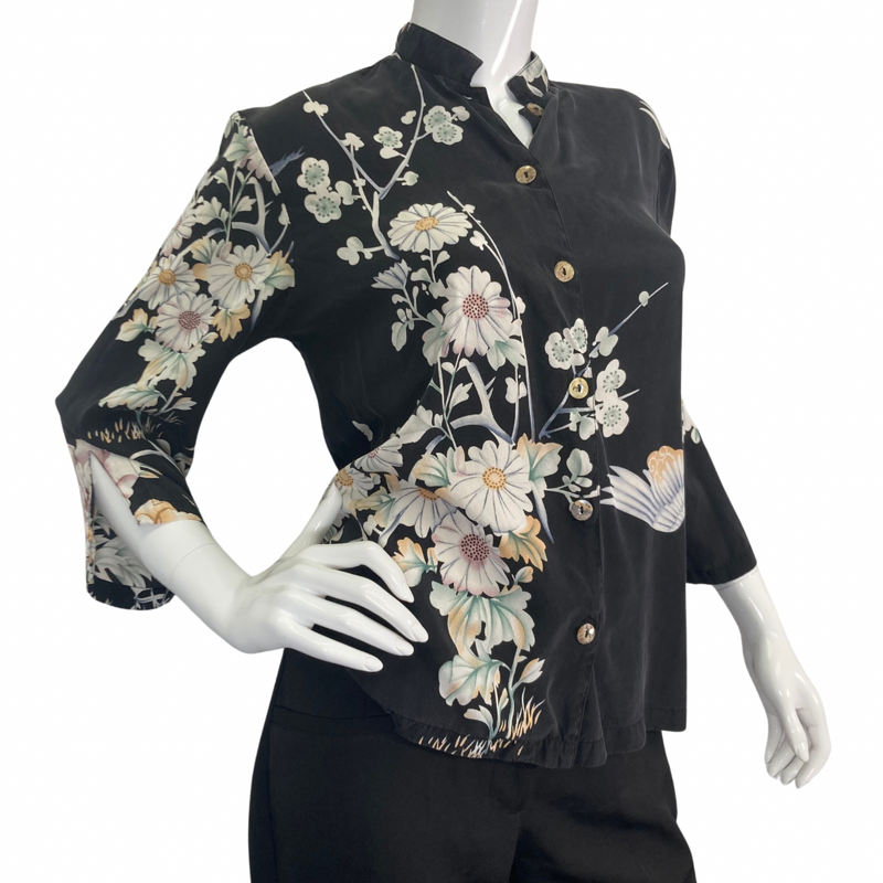 Load image into Gallery viewer, Citron Elegant Black Blouse with White Florals and Swan
