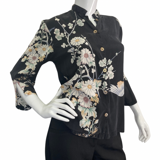 Citron Elegant Black Blouse with White Florals and Swan