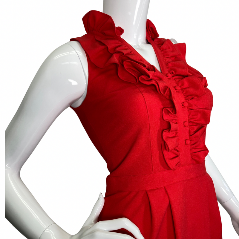 Load image into Gallery viewer, Marc New York Red Dress with Ruffle Neck is a stunning red sleeveless dress with a flattering fitted silhouette. It features a high neckline with a ruffled trim down the front - side view close up
