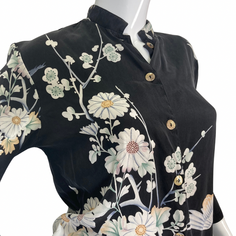 Load image into Gallery viewer, Citron Elegant Black Blouse with White Florals and Swan
