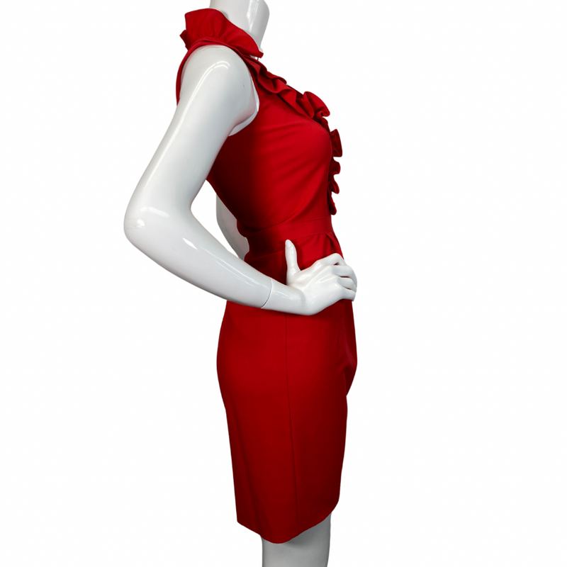 Load image into Gallery viewer, Marc New York Red Dress with Ruffle Neck is a stunning red sleeveless dress with a flattering fitted silhouette. It features a high neckline with a ruffled trim down the front - side view
