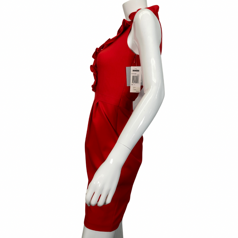 Load image into Gallery viewer, Marc New York Red Dress with Ruffle Neck is a stunning red sleeveless dress with a flattering fitted silhouette. It features a high neckline with a ruffled trim down the front - side view
