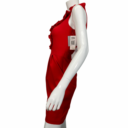 Marc New York Red Dress with Ruffle Neck is a stunning red sleeveless dress with a flattering fitted silhouette. It features a high neckline with a ruffled trim down the front - side view