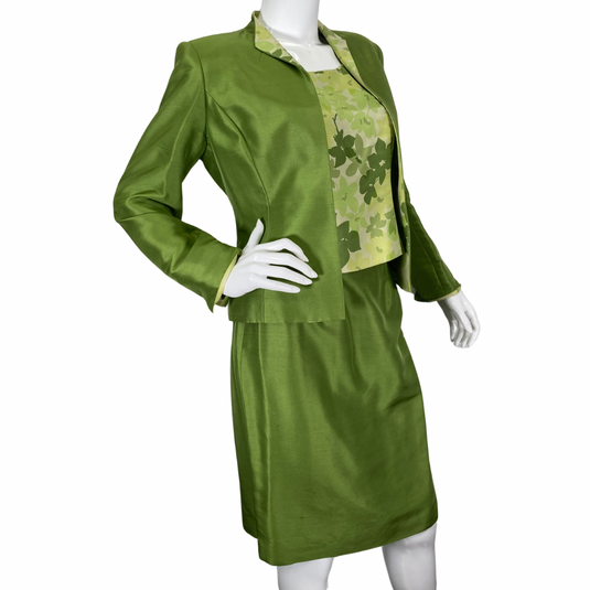 preloved Kasper Floral bright Green Skirt, Top, and Blazer Suit Set, full set - side view