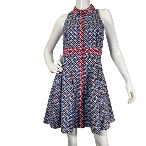 Maeve by Anthropologie Blue Retro Geometric Dress is a chic and playful sleeveless dress featuring a vibrant geometric print in shades of blue, white, and red - front view