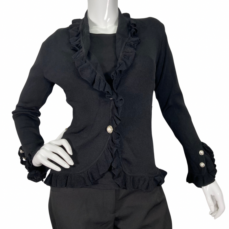 Load image into Gallery viewer, Stylish BCBG Maxazria Black Cardigan with Fur hood, front view buttons closed
