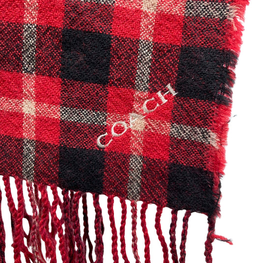 Coach Black and Red Monogram Scarf, close up of the brand monogram