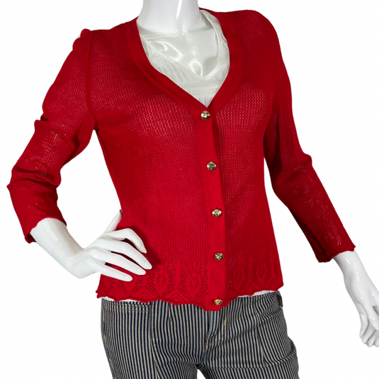 St. John Sports Open-Knit Pattern Red Cardigan front view, gold buttons closed