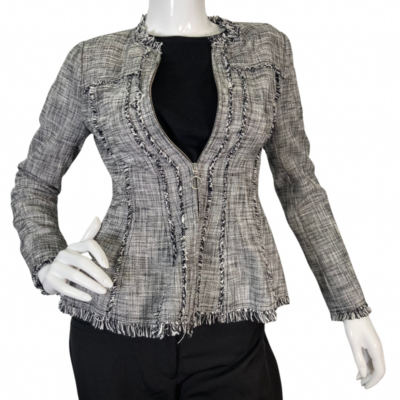 Load image into Gallery viewer, Rebecca Taylor Tweed Zipper Blazer features a textured plaid, front view, zipped
