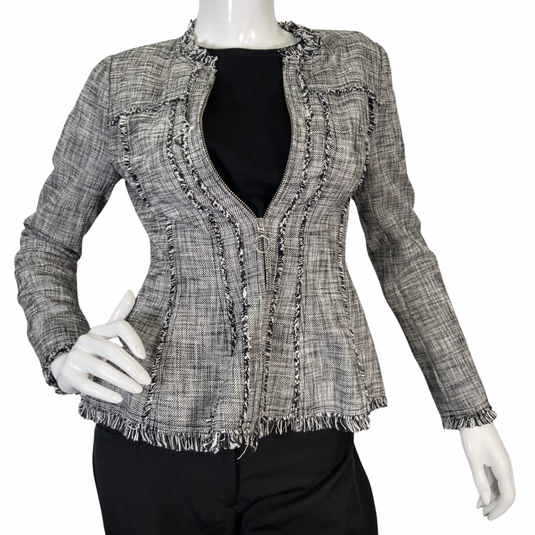 Rebecca Taylor Tweed Zipper Blazer features a textured plaid, front view, zipped