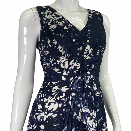 Tory Burch White Floral on Navy-blue Dress close up view of the cinched waist and belt