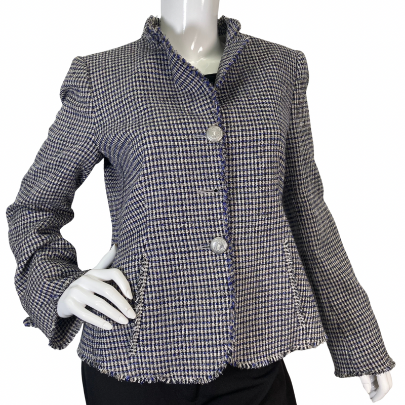 Load image into Gallery viewer, classic causal Armani Collezioni Tweed Blue and White Blazer front view, buttons closed
