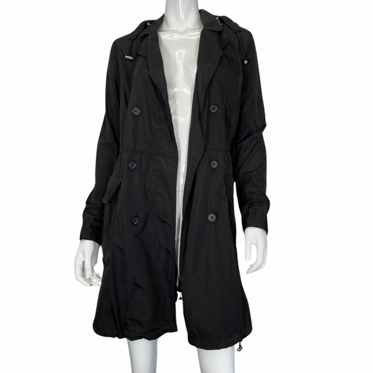 Henri Bendel Black Sleek Trench Raincoat, front view opened buttons 