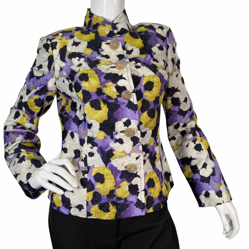 Load image into Gallery viewer, preloved St. John Vibrant Floral-Patterned Jacket features a vibrant a blend of bold mix of purple, yellow, black, and cream hues - front view closed buttons
