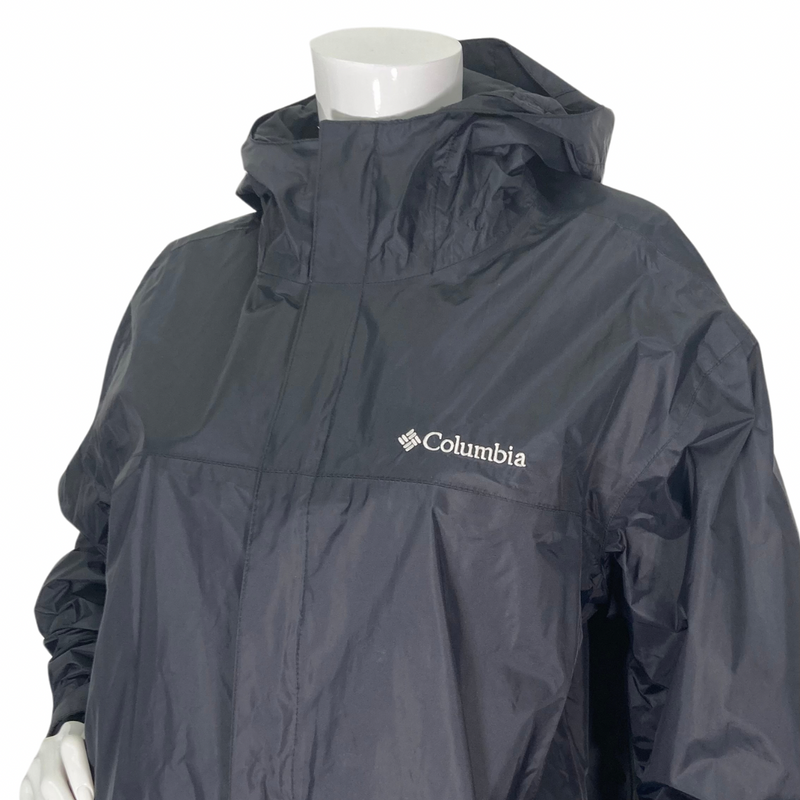 Load image into Gallery viewer, Lightweight Columbia Black Rain Jacket raincoat with a hood, close up view of monogram
