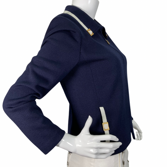 Sleek Knitted St. John Collection Zip-up Navy Jacket side view featuring elegant ribbon along the pocket seam 