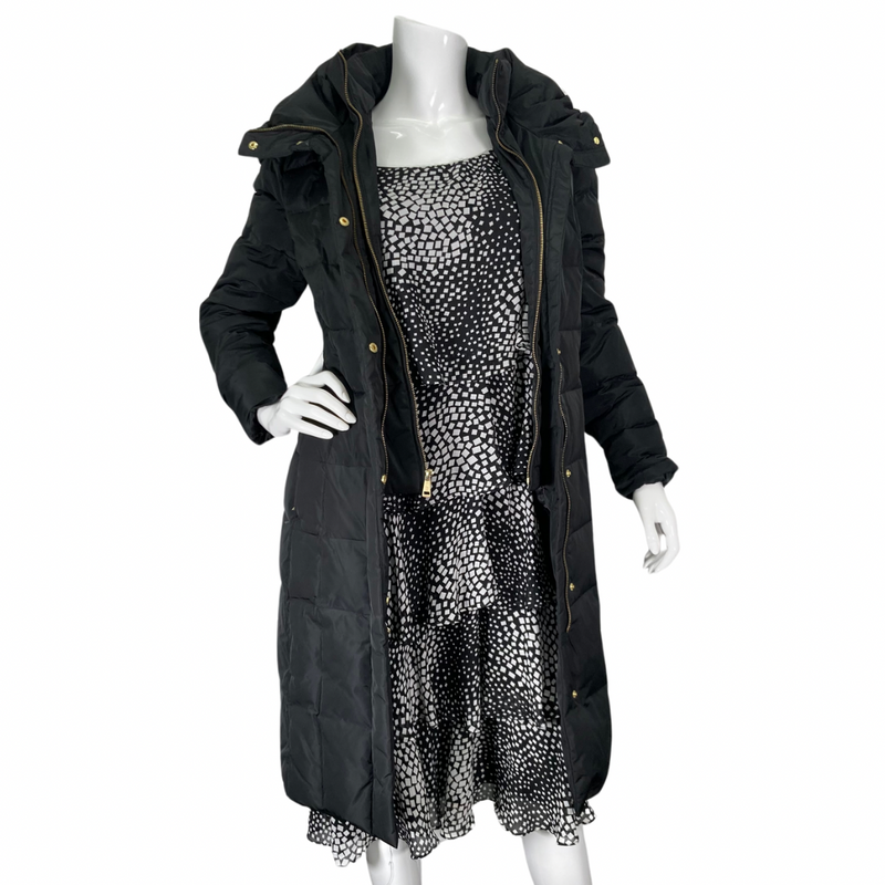 Load image into Gallery viewer, Luxurious and stylish Cole Haan Long Black Down Coat, front view zipper opened
