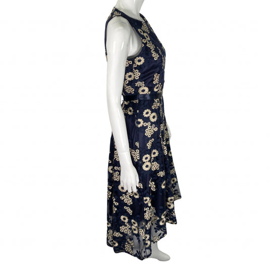 Tahari Elegant Navy-blue Floral Dress, where a rich navy hue meets delicate golden floral embroiderment side view