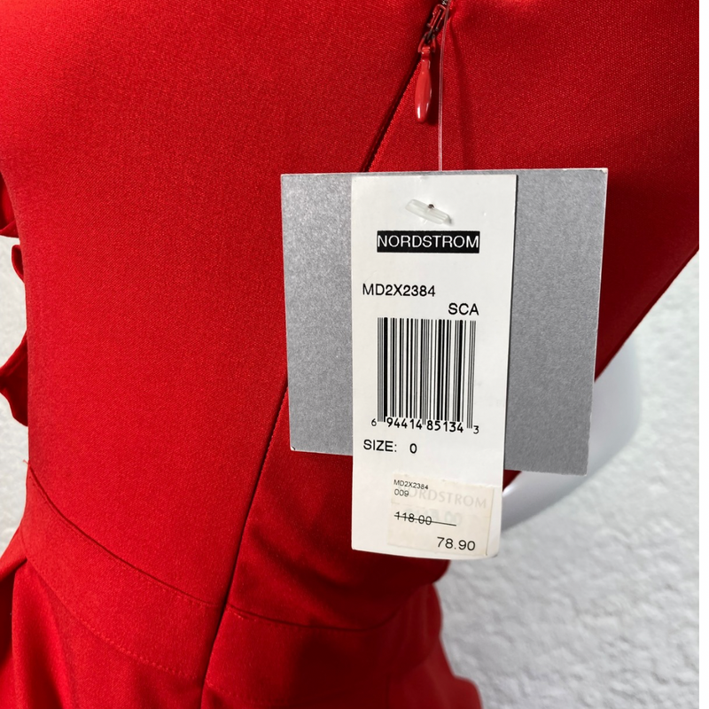 Load image into Gallery viewer, Marc New York Red Dress with Ruffle Neck is a stunning red sleeveless dress with a flattering fitted silhouette. It features a high neckline with a ruffled trim down the front - price tag detail
