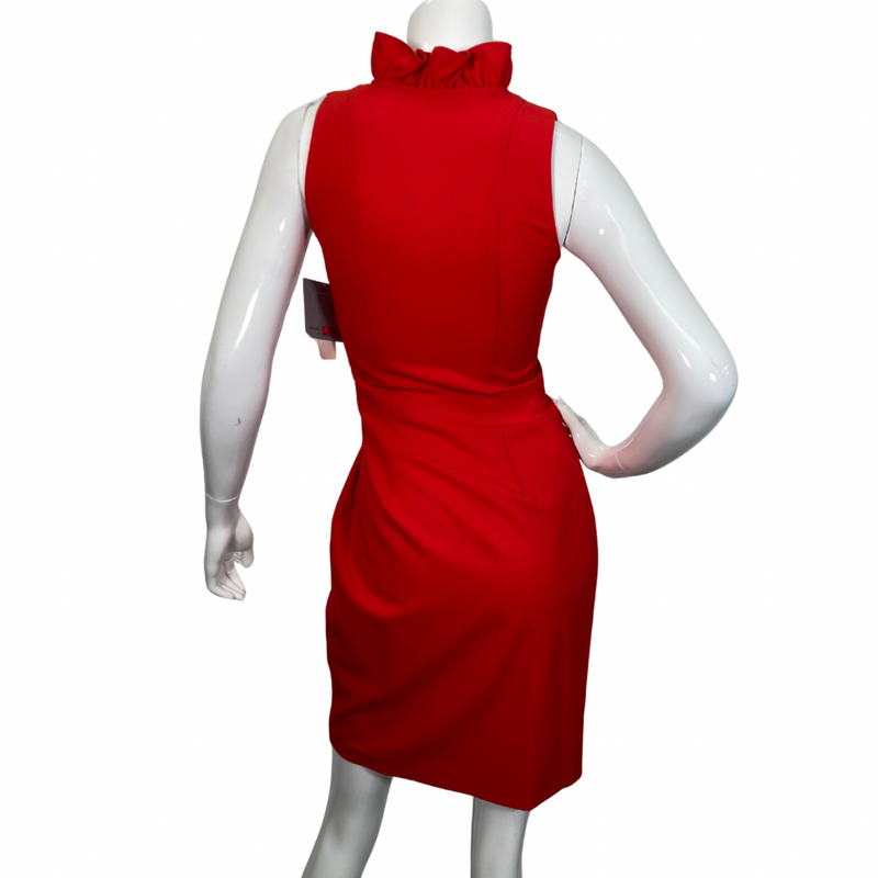 Load image into Gallery viewer, Marc New York Red Dress with Ruffle Neck is a stunning red sleeveless dress with a flattering fitted silhouette. It features a high neckline with a ruffled trim down the front - backside view
