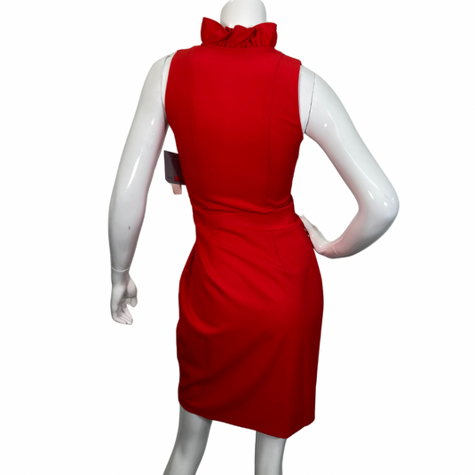 Marc New York Red Dress with Ruffle Neck is a stunning red sleeveless dress with a flattering fitted silhouette. It features a high neckline with a ruffled trim down the front - backside view